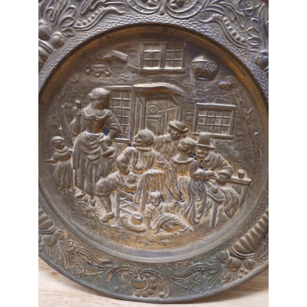 Vintage Wall Hanging Brass 14¼ Inch Plate Plaque Embossed Family Scene ENGLAND